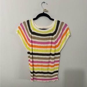 LOFT Striped Short Sleeve Knit Top in Pink, Orange, Yellow, Brown, Cream